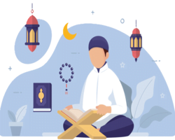 A young Muslim man learning Quran online, sitting with the Quran on a wooden stand, surrounded by Islamic decor, representing online Quran classes and Arabic learning