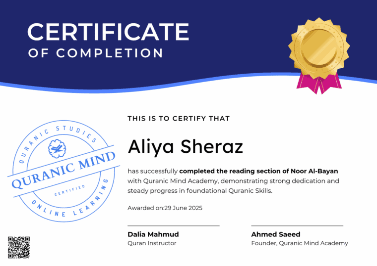 Certificate for Aliya Sheraz