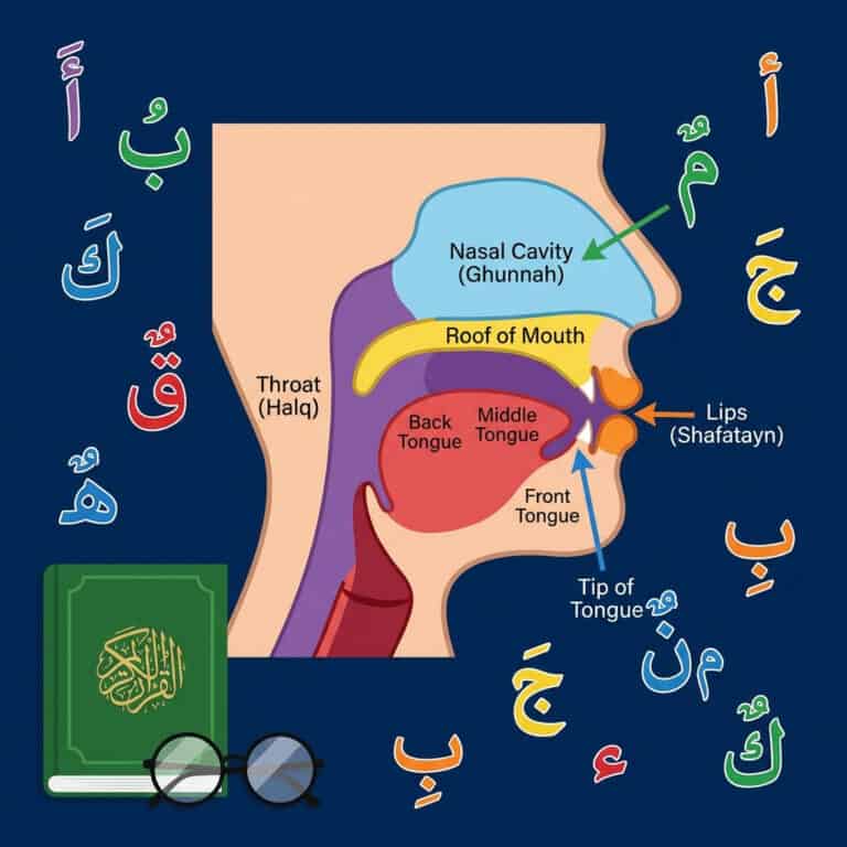 Tajweed articulation points diagram showing mouth, throat, and nasal cavity with color-coded Arabic letters