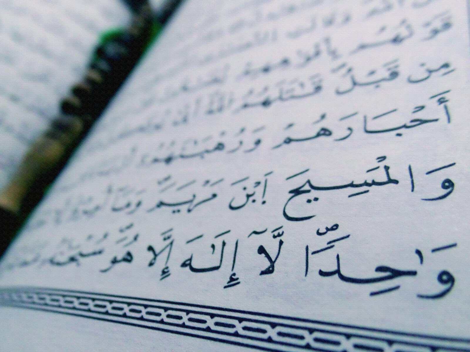 Close-up of an open Mushaf showing real Arabic text from Surah At-Tawbah, illustrating how Arabic mastery gives direct access to the Qur'an