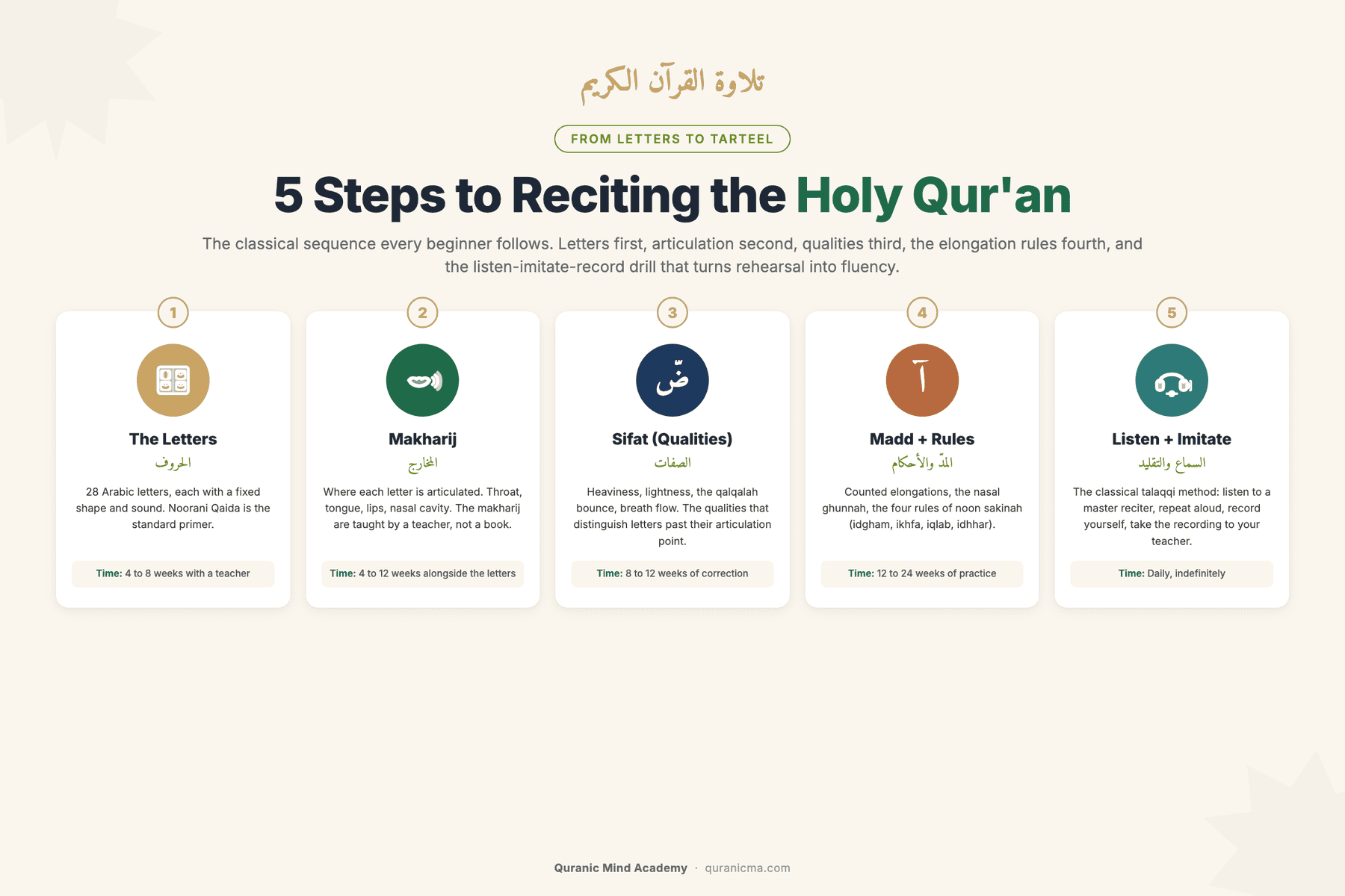 The five steps to reciting the Holy Qur'an: master the Arabic letters, learn makharij (articulation points), learn sifat (qualities of letters), add the rules of madd and noon, then listen-imitate-record with a teacher
