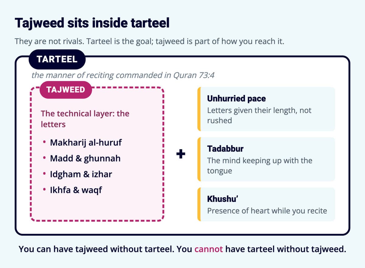 Diagram showing tarteel as the outer container holding tajweed, the technical layer of makharij, madd, ghunnah, idgham, izhar, ikhfa and waqf, plus unhurried pace, tadabbur and khushu