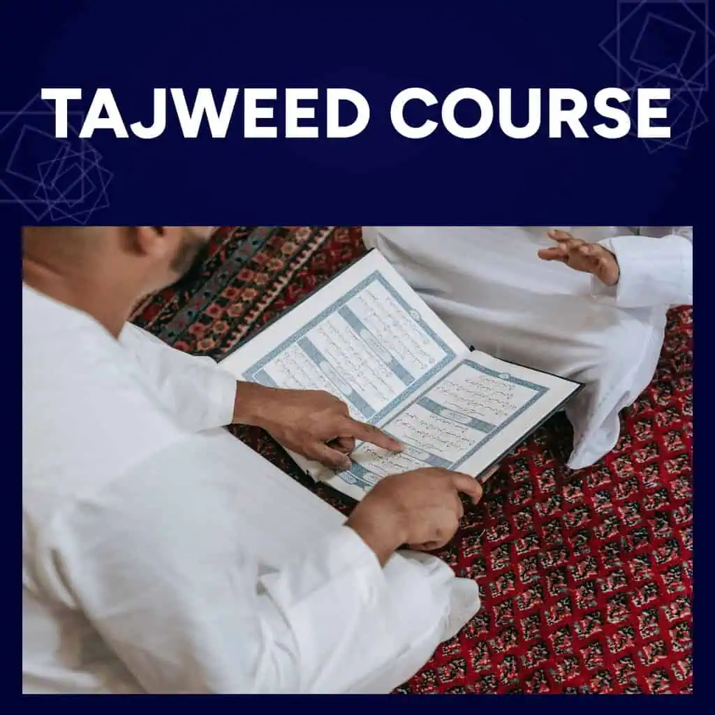 Tajweed course: a teacher's finger guiding a student along a line of the Quran