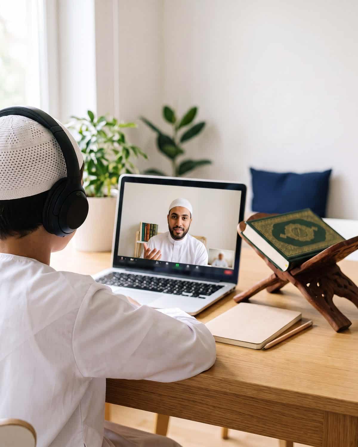 A boy in a white kufi and headphones in a one-to-one online Quran lesson, his teacher in a white thobe and kufi on the laptop video call, with a closed Mushaf on a wooden stand beside him