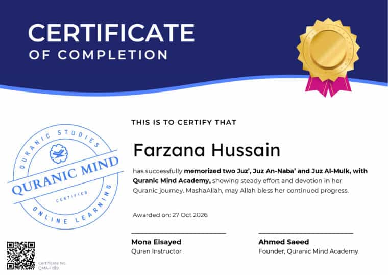 Certificate for Farzana Hussain